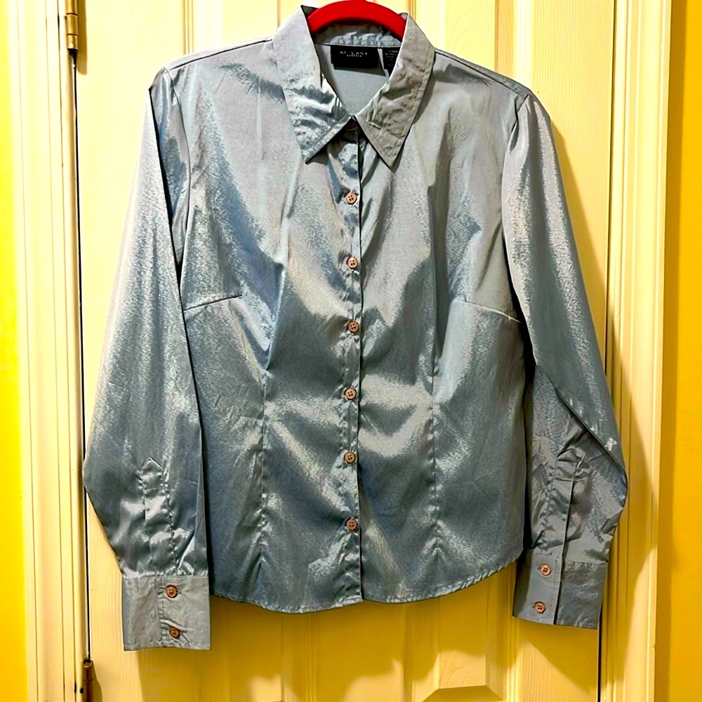 New Blouse baby blue with a sheen. Size L but fits like a medium (stretch).